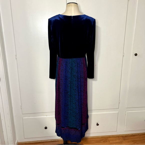 Vintage 80s90s Karin Stevens Blue Velvet Jewel Tone Rayon Maxi Dress - Picture 5 of 8